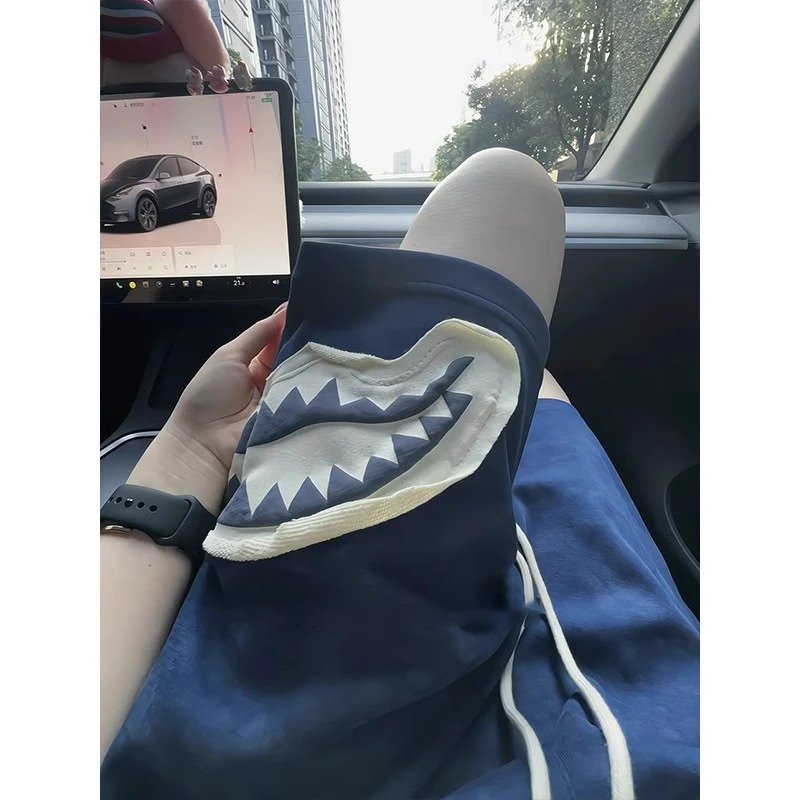 Navy Blue Patchwork Shark Mouth Shorts Men's Summer Loose Breathable Straight-Leg Casual Athletic Mid-Length Pants