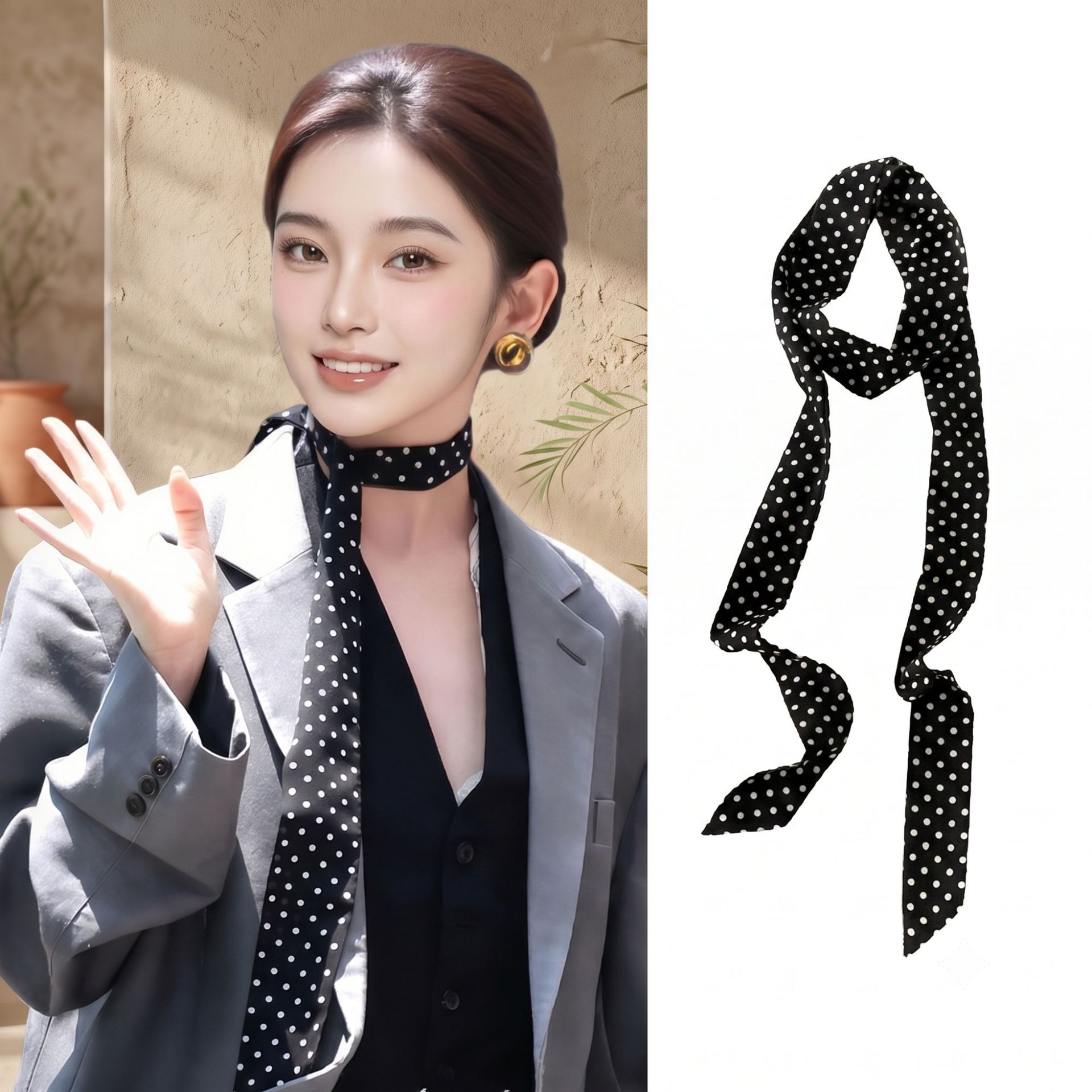 Extra Long Polka Dot Skinny Scarf - Minimalist Versatile Silk Ribbon for Neck or Bag Accessory