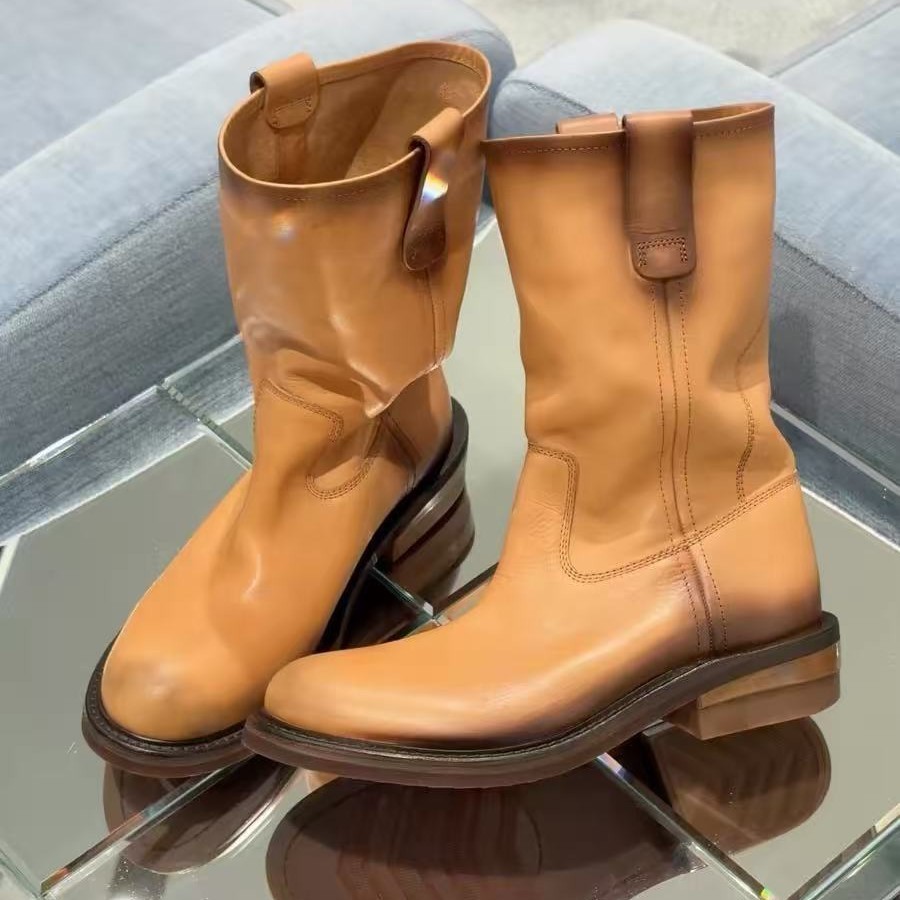 Sweet and Cool Style Ruched Distressed Mid-Calf Martin Boots Women's New Spring/Autumn Western Cowboy Boots Trendy Ankle Boots