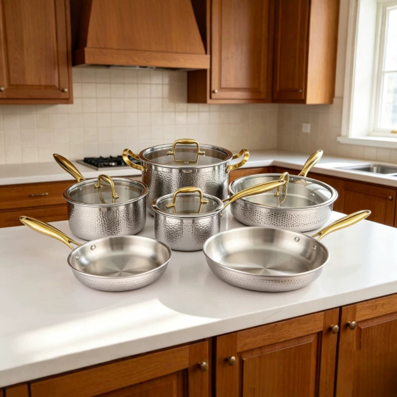 304 Stainless Steel 5-Ply Hammered Cookware Set - Non-Stick, Uncoated Soup Pot, Milk Pot, and Frying Pan for Kitchen & Gifts