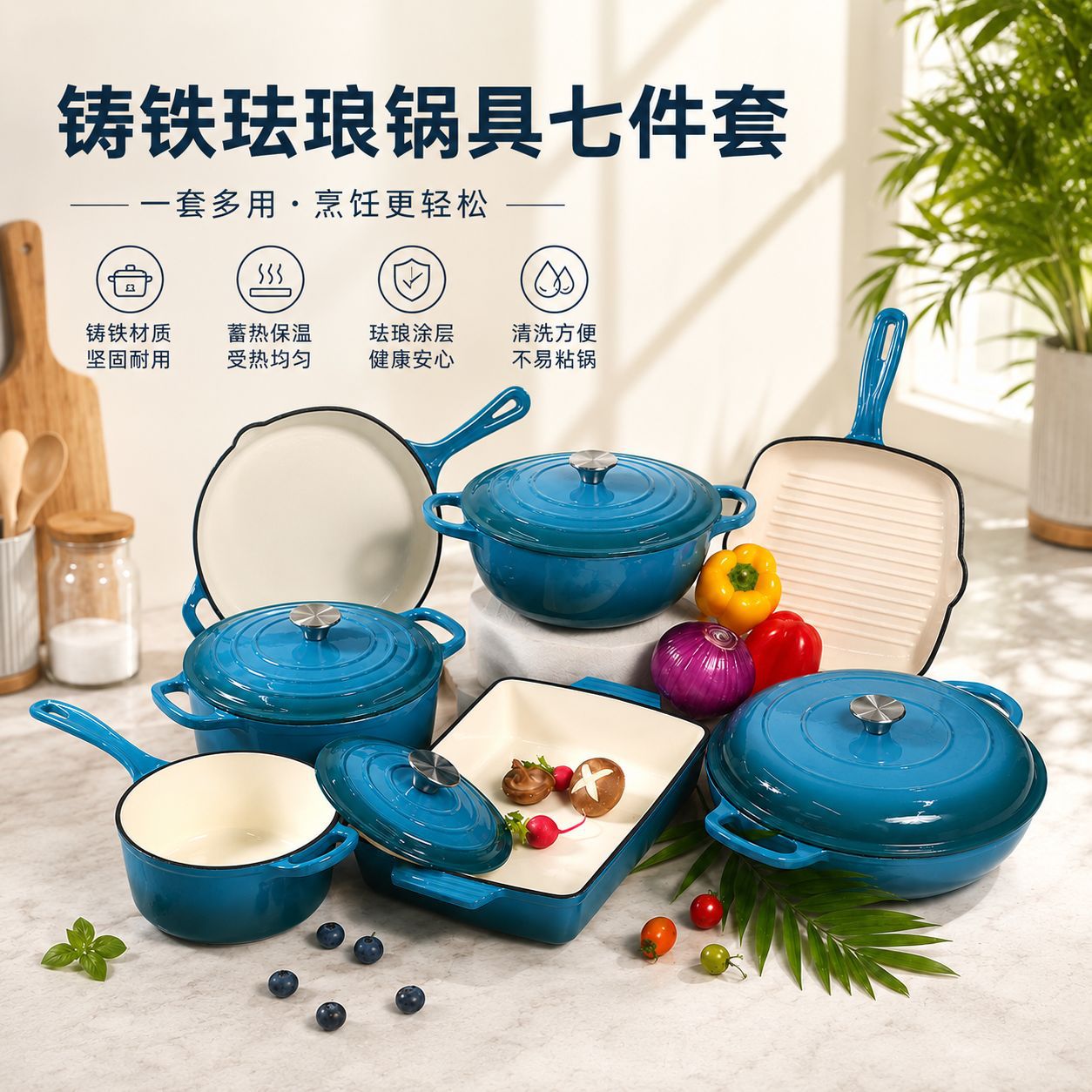 Enamel Cast Iron Cookware 7-Piece Set, Soup Pots, Frying Pans, Non-stick Cast Iron Enamel Cookware