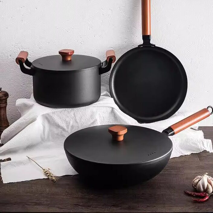 Imported Japanese Iron Cookware Set, 3-Piece or 4-Piece, Non-Stick Wok, Frying Pan, Soup Pot, and Skillet with Handle